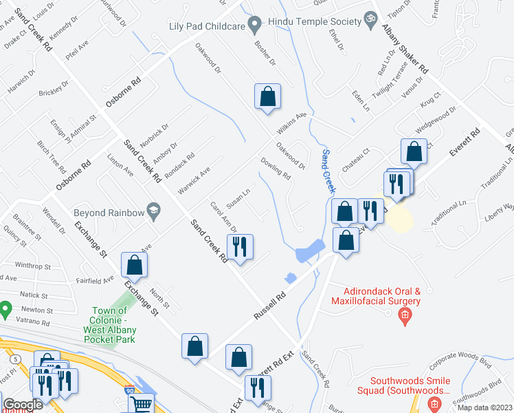 map of restaurants, bars, coffee shops, grocery stores, and more near 6 Van Dyke Road in Albany