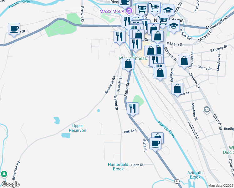 map of restaurants, bars, coffee shops, grocery stores, and more near 250 Walnut Street in North Adams