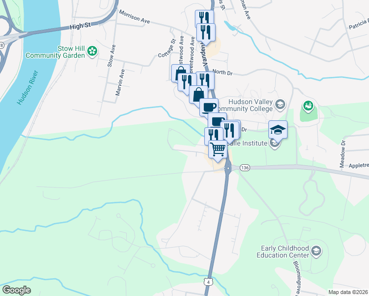 map of restaurants, bars, coffee shops, grocery stores, and more near 5 Stacey Way in Troy