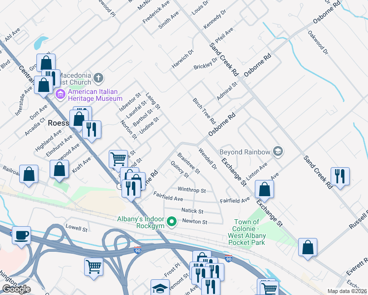 map of restaurants, bars, coffee shops, grocery stores, and more near 4 Braintree Street in Albany