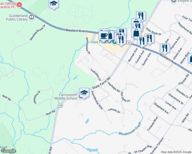 map of restaurants, bars, coffee shops, grocery stores, and more near 2-198 Essex Cir in Guilderland