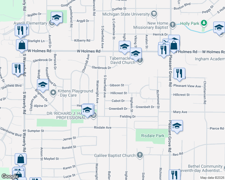map of restaurants, bars, coffee shops, grocery stores, and more near 3013 Hillcrest Street in Lansing