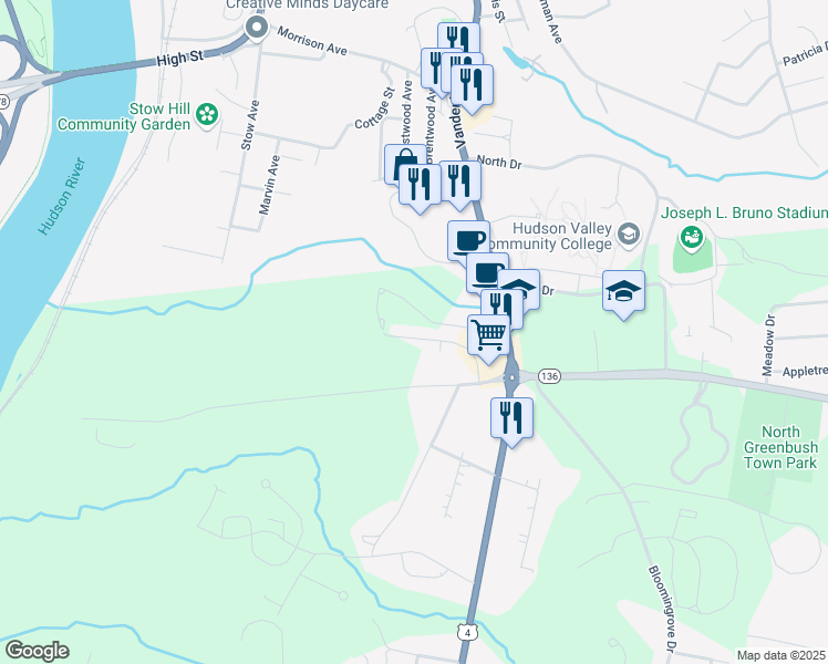 map of restaurants, bars, coffee shops, grocery stores, and more near 5 Stacey Way in Troy
