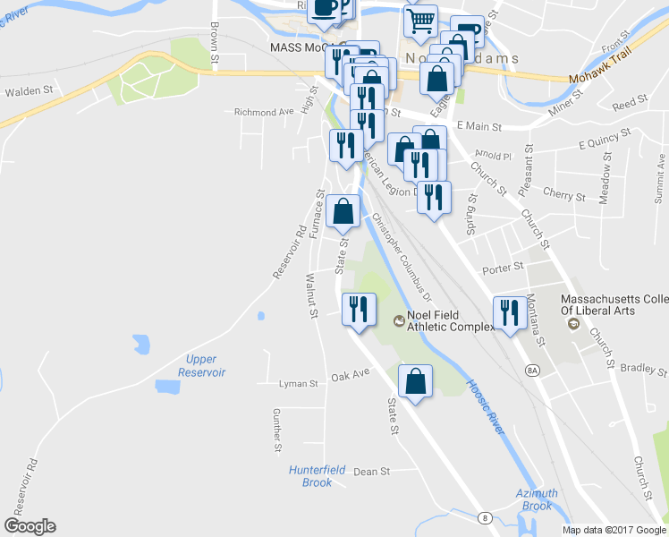 map of restaurants, bars, coffee shops, grocery stores, and more near 23 Walnut Street in North Adams
