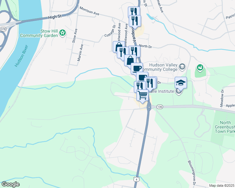 map of restaurants, bars, coffee shops, grocery stores, and more near 48 Stacey Way in Troy