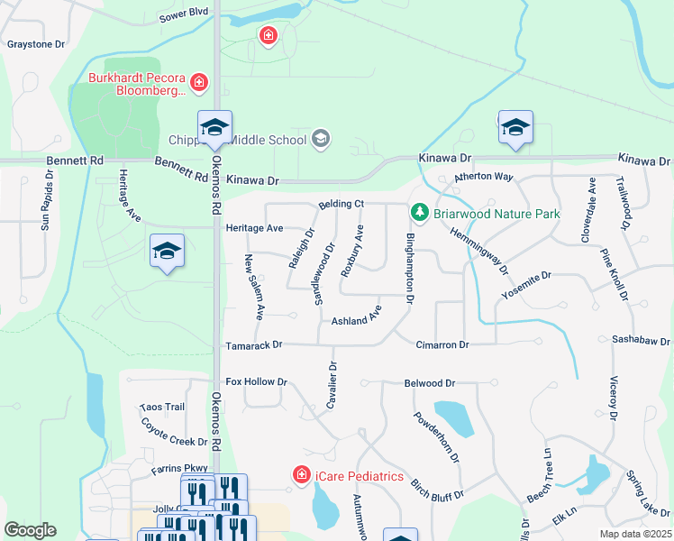 map of restaurants, bars, coffee shops, grocery stores, and more near 2080 Shagbark Lane in Meridian charter Township