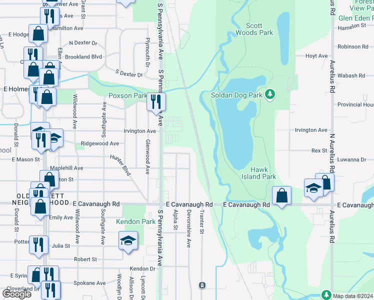 map of restaurants, bars, coffee shops, grocery stores, and more near 1121 Pennway Drive in Lansing