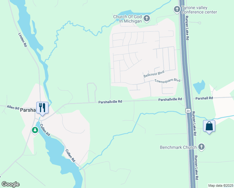 map of restaurants, bars, coffee shops, grocery stores, and more near 9650 Townsquare Boulevard in Fenton