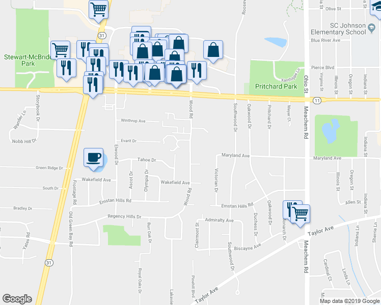 map of restaurants, bars, coffee shops, grocery stores, and more near 3525 Wood Road in Mount Pleasant
