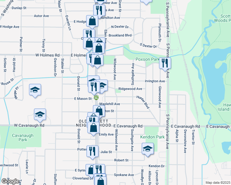 map of restaurants, bars, coffee shops, grocery stores, and more near 520 Crestview Avenue in Lansing
