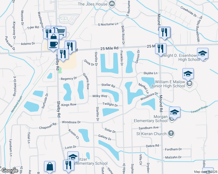 map of restaurants, bars, coffee shops, grocery stores, and more near 5057 Milky Way in Macomb County
