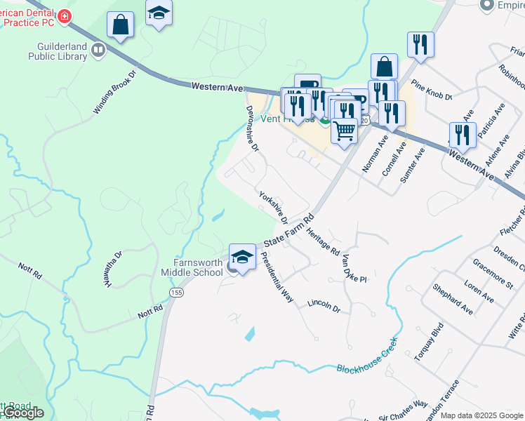 map of restaurants, bars, coffee shops, grocery stores, and more near 198 Essex Circle in Guilderland