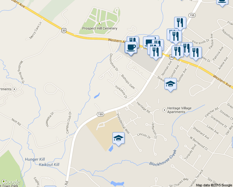 map of restaurants, bars, coffee shops, grocery stores, and more near Essex Circle in Guilderland