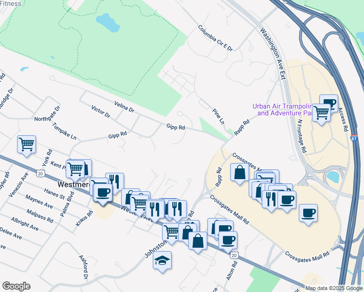 map of restaurants, bars, coffee shops, grocery stores, and more near 7 Brooks Road in Albany