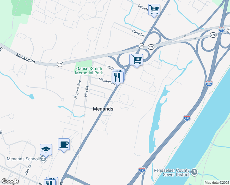map of restaurants, bars, coffee shops, grocery stores, and more near 281 Broadway in Menands