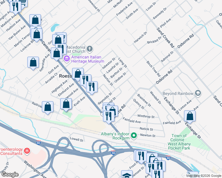 map of restaurants, bars, coffee shops, grocery stores, and more near 25 Reynolds Street in Albany
