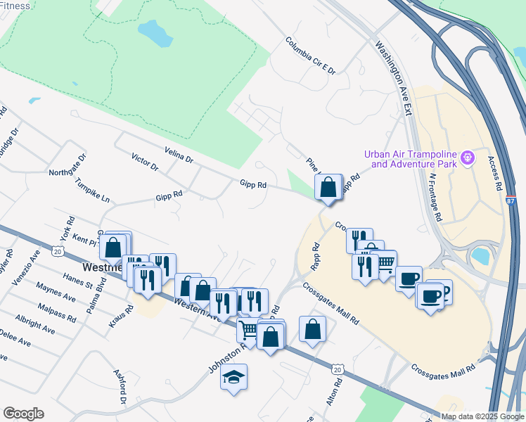 map of restaurants, bars, coffee shops, grocery stores, and more near 7 Brooks Road in Albany