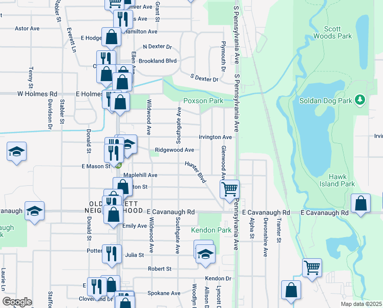 map of restaurants, bars, coffee shops, grocery stores, and more near 731 Hunter Boulevard in Lansing