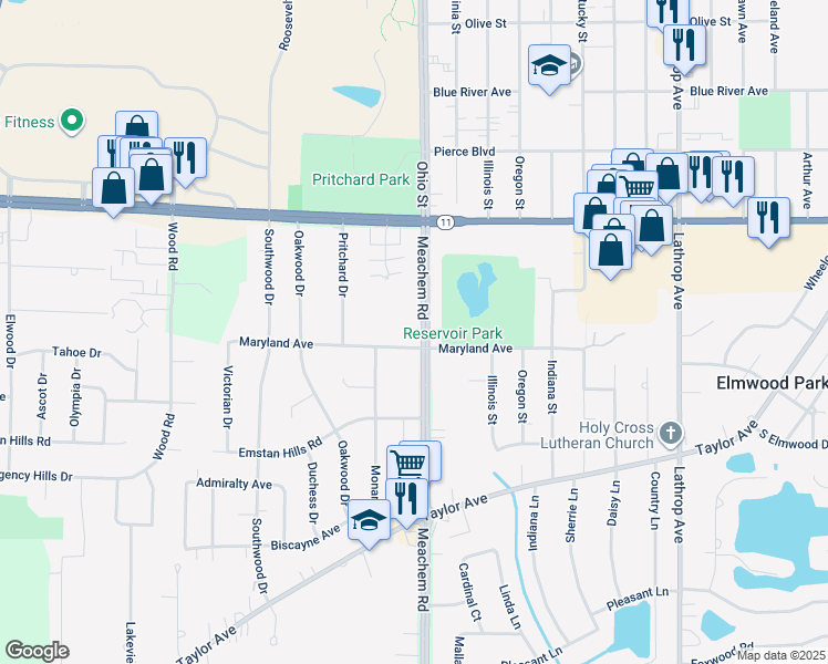 map of restaurants, bars, coffee shops, grocery stores, and more near 3301 Meachem Road in Racine