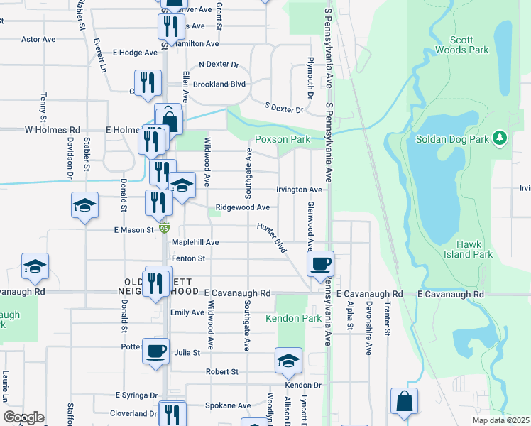 map of restaurants, bars, coffee shops, grocery stores, and more near 731 Hunter Boulevard in Lansing