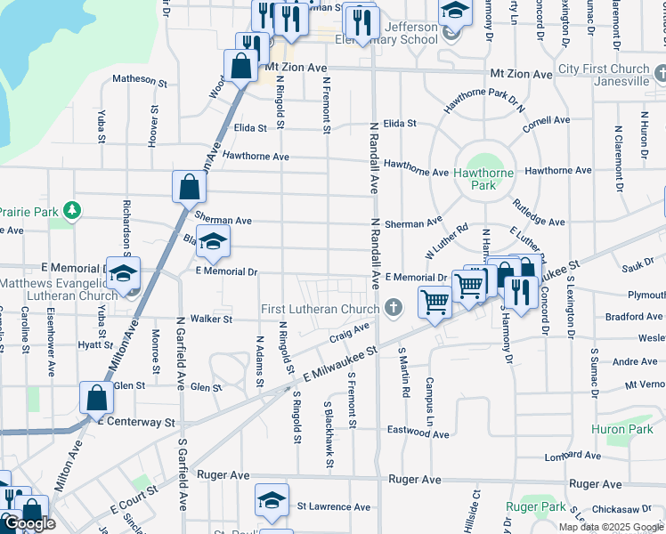 map of restaurants, bars, coffee shops, grocery stores, and more near 1301 Craig Avenue in Janesville