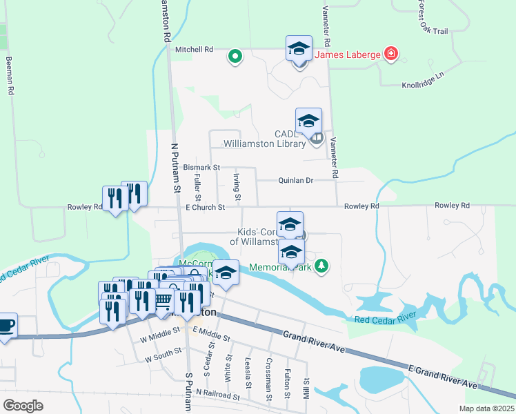map of restaurants, bars, coffee shops, grocery stores, and more near 500 East Church Street in Williamston