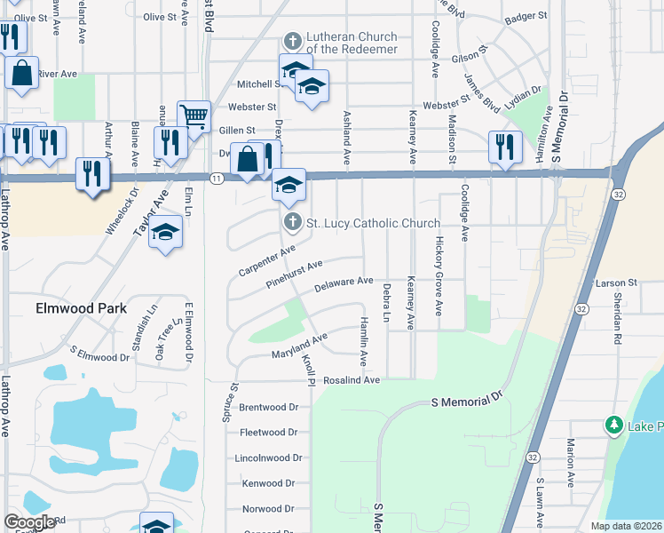 map of restaurants, bars, coffee shops, grocery stores, and more near 2535 Delaware Avenue in Racine