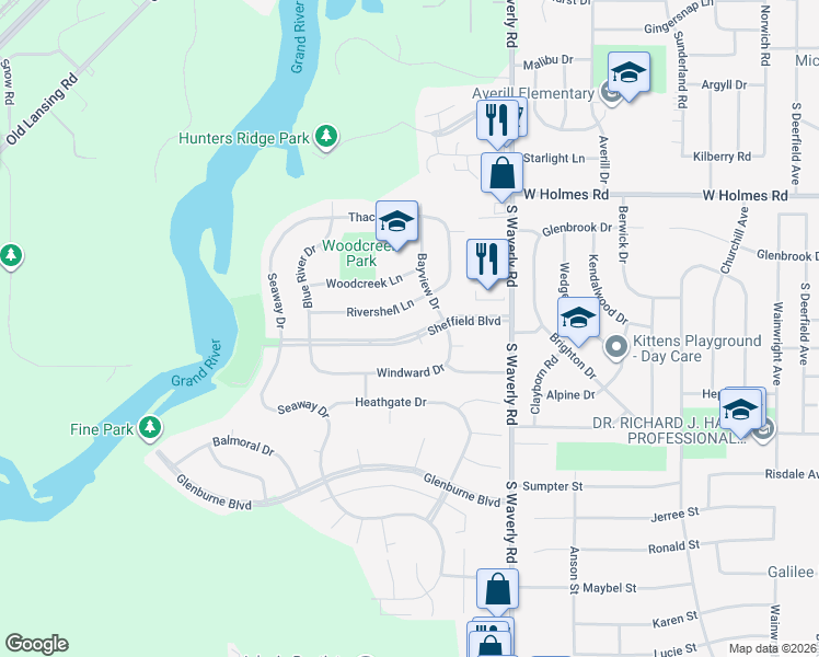 map of restaurants, bars, coffee shops, grocery stores, and more near 4026 Rivershell Lane in Lansing