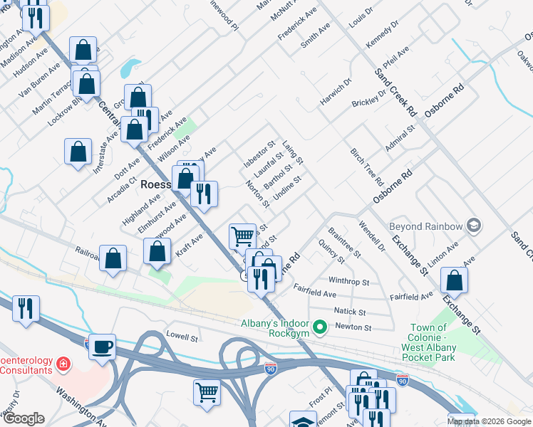 map of restaurants, bars, coffee shops, grocery stores, and more near 7 Norton Street in Albany