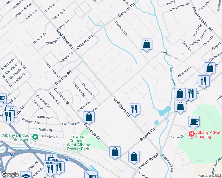 map of restaurants, bars, coffee shops, grocery stores, and more near 7A Warwick Avenue in Albany