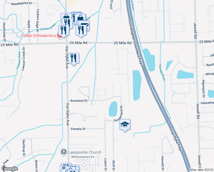 map of restaurants, bars, coffee shops, grocery stores, and more near 8716 Springer Lane in Macomb County