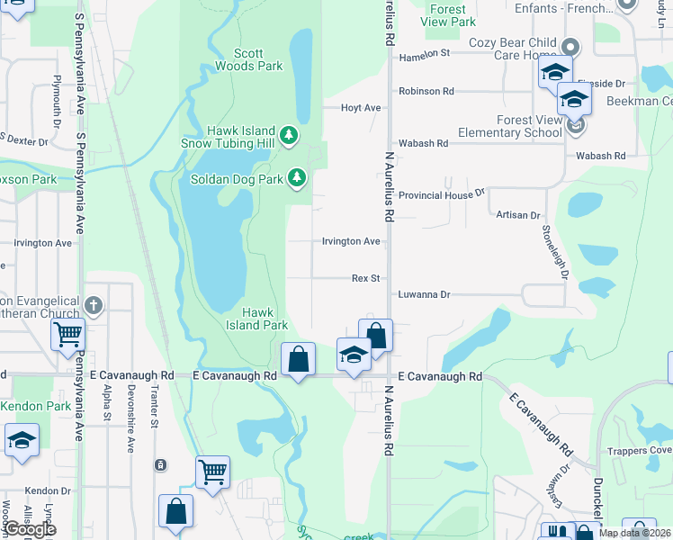 map of restaurants, bars, coffee shops, grocery stores, and more near 1810 Irvington Avenue in Lansing