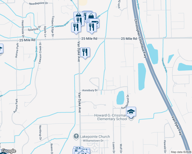 map of restaurants, bars, coffee shops, grocery stores, and more near Annsbury Circle in Shelby Township
