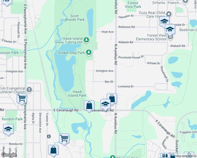 map of restaurants, bars, coffee shops, grocery stores, and more near 1810 Irvington Avenue in Lansing