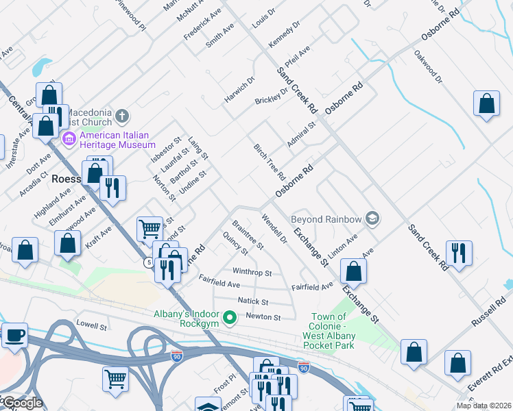 map of restaurants, bars, coffee shops, grocery stores, and more near 3 Leach Avenue in Albany