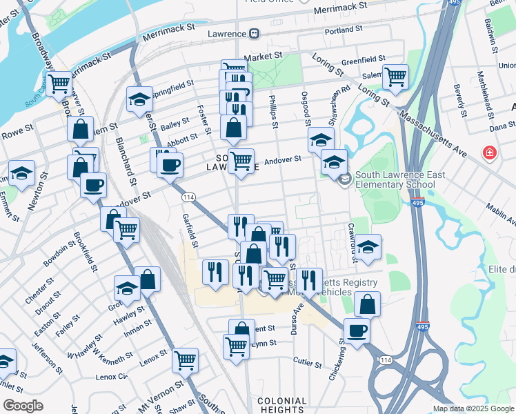 map of restaurants, bars, coffee shops, grocery stores, and more near 88c Boxford Street in Lawrence