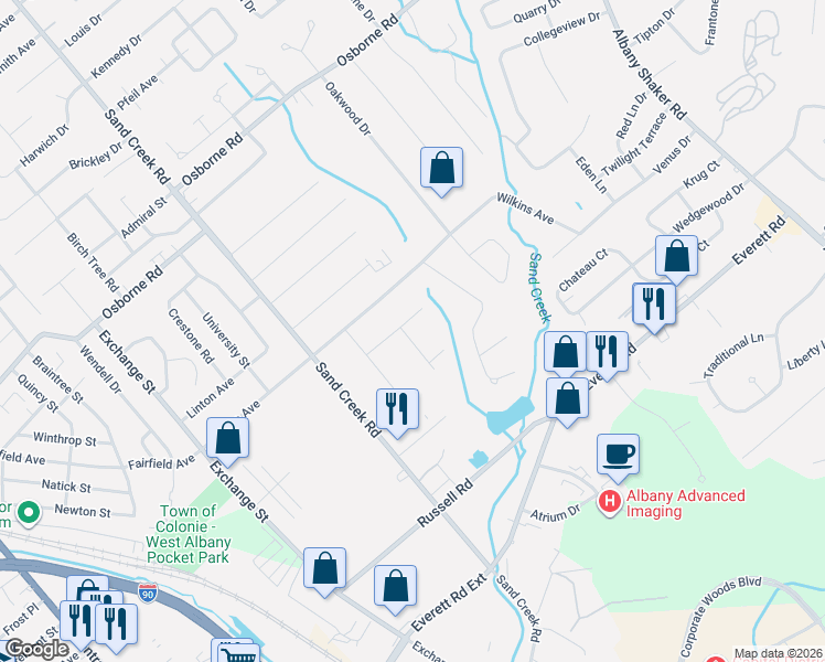 map of restaurants, bars, coffee shops, grocery stores, and more near 10 Susan Lane in Albany