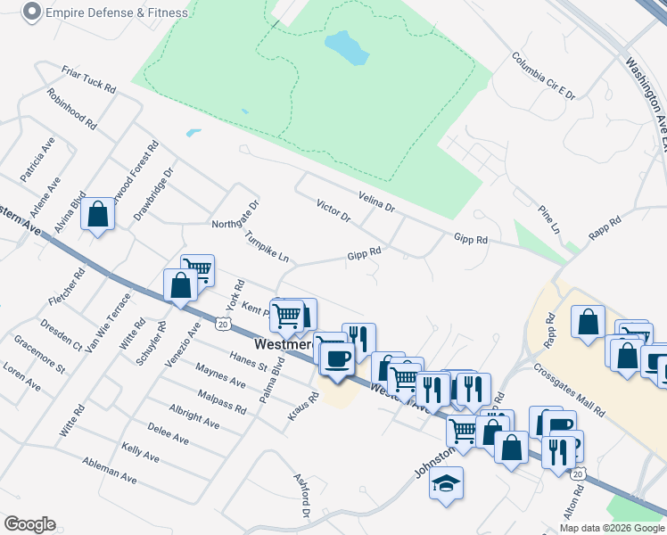 map of restaurants, bars, coffee shops, grocery stores, and more near 47 Gipp Road in Albany