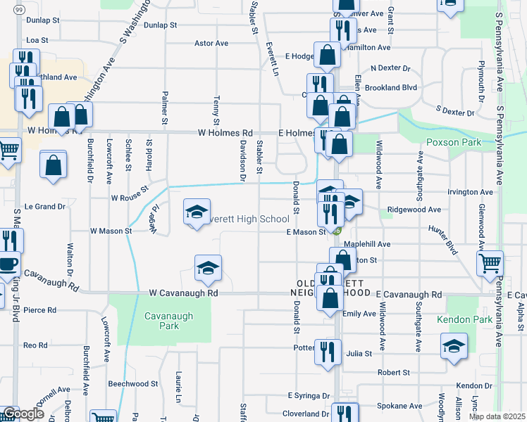 map of restaurants, bars, coffee shops, grocery stores, and more near 121 East Rouse Street in Lansing
