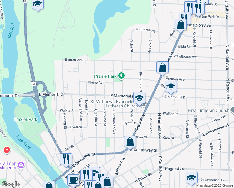 map of restaurants, bars, coffee shops, grocery stores, and more near 821 Eisenhower Avenue in Janesville