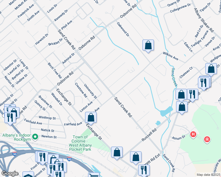 map of restaurants, bars, coffee shops, grocery stores, and more near 147 Sand Creek Road in Albany
