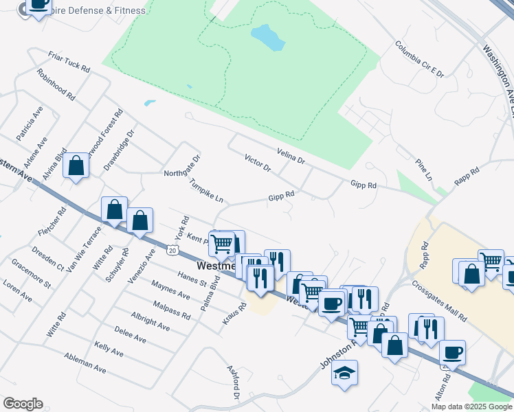 map of restaurants, bars, coffee shops, grocery stores, and more near 47 Gipp Road in Albany