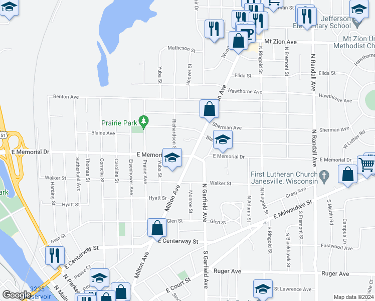 map of restaurants, bars, coffee shops, grocery stores, and more near 809 Milton Avenue in Janesville