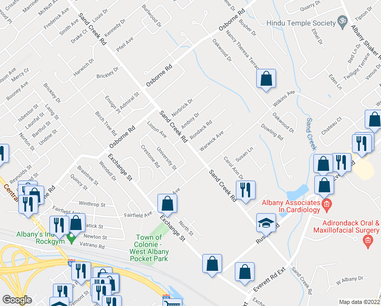 map of restaurants, bars, coffee shops, grocery stores, and more near 154 Sand Creek Road in Albany