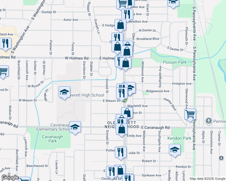 map of restaurants, bars, coffee shops, grocery stores, and more near 405 East Rouse Street in Lansing