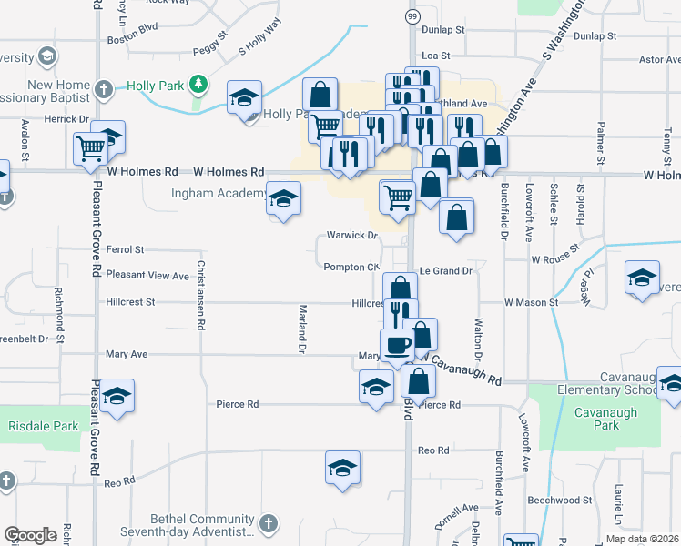 map of restaurants, bars, coffee shops, grocery stores, and more near 1402 Pompton Circle in Lansing