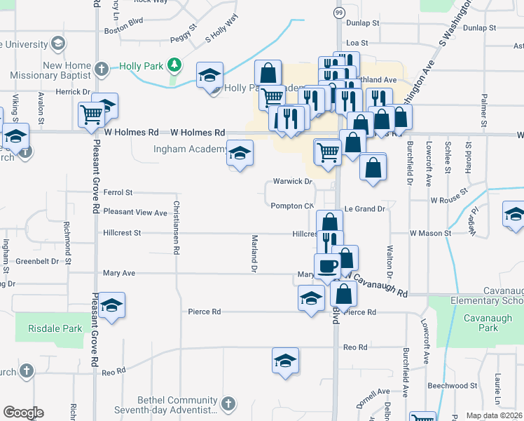 map of restaurants, bars, coffee shops, grocery stores, and more near 1402 Pompton Circle in Lansing