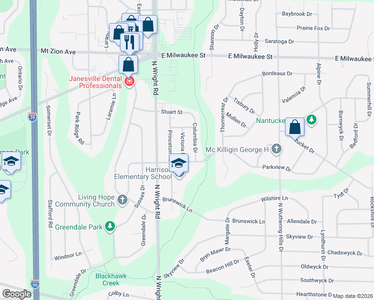 map of restaurants, bars, coffee shops, grocery stores, and more near 836 Victoria Place in Janesville