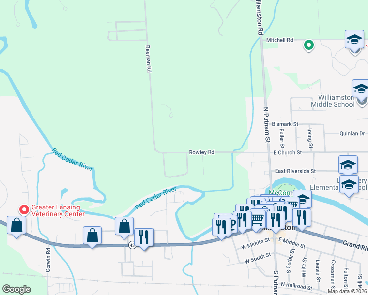 map of restaurants, bars, coffee shops, grocery stores, and more near 1797 Rowley Road in Williamston