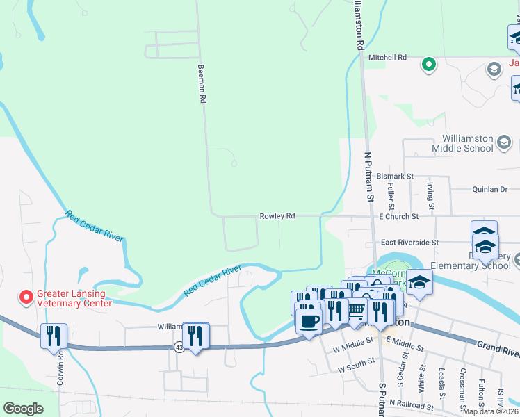 map of restaurants, bars, coffee shops, grocery stores, and more near 1797 Rowley Road in Williamston